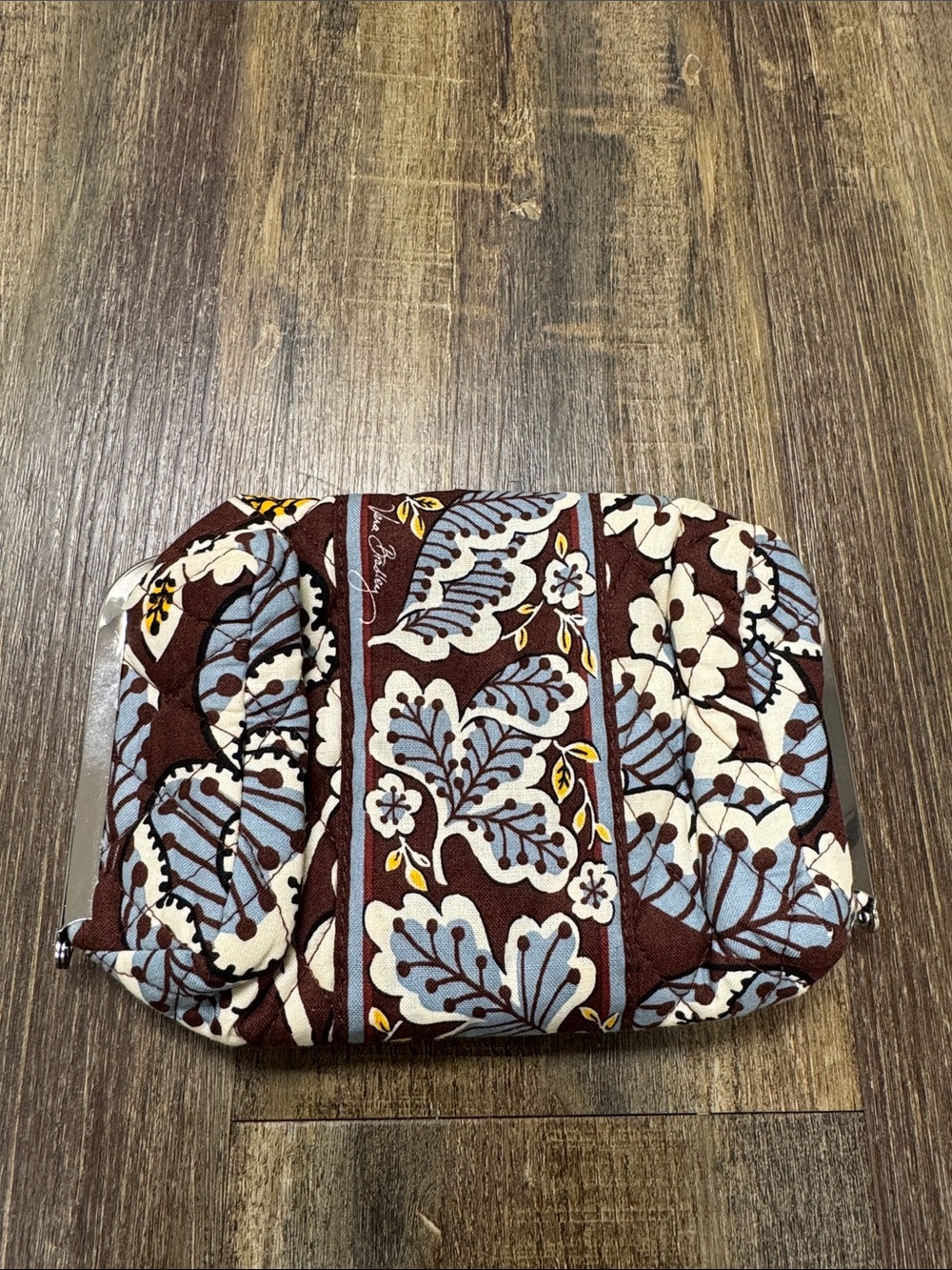 Vera Bradley Brown Floral Quilted Makeup Pouch with Blue Accents